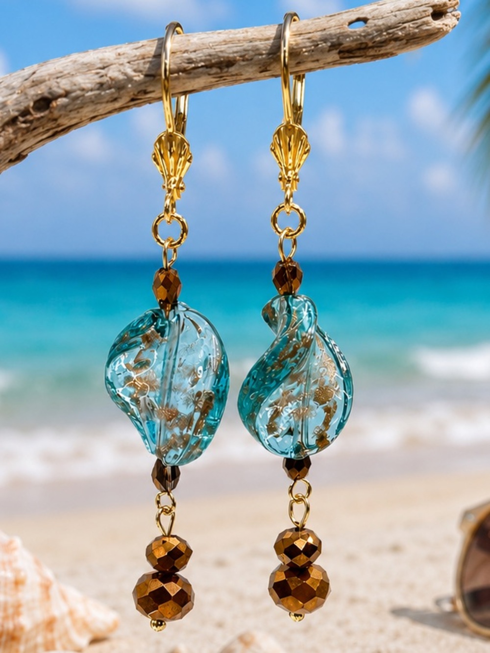 Glass & Crystal, Blue & Gold Dangle Earrings